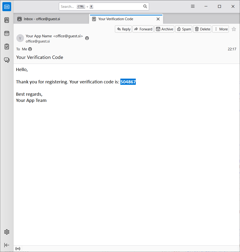 Posnetek verifikacijske e-pošte z označeno kodo.