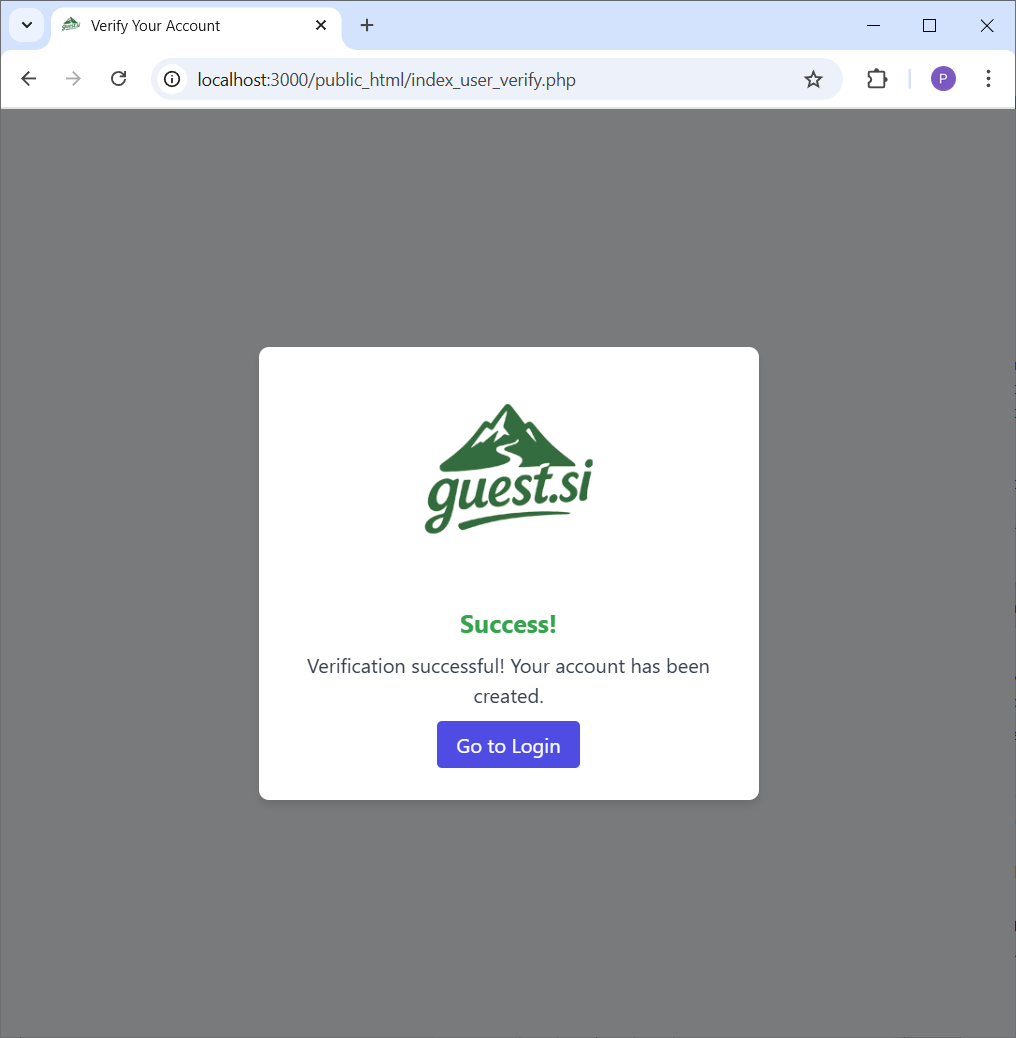 Posnetek sporočila o uspešni registraciji.