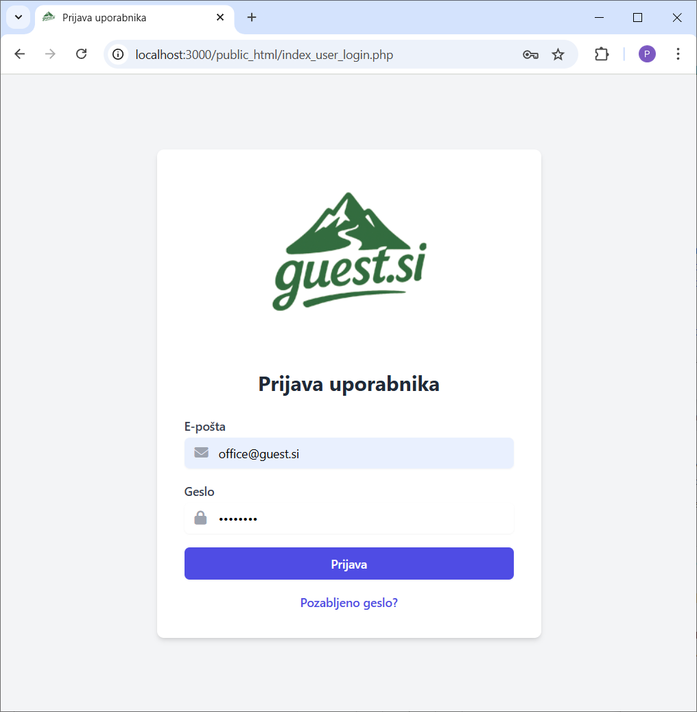 Posnetek strani za prijavo uporabnika.