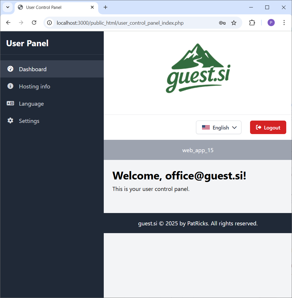 Posnetek glavne nadzorne plošče uporabnika.