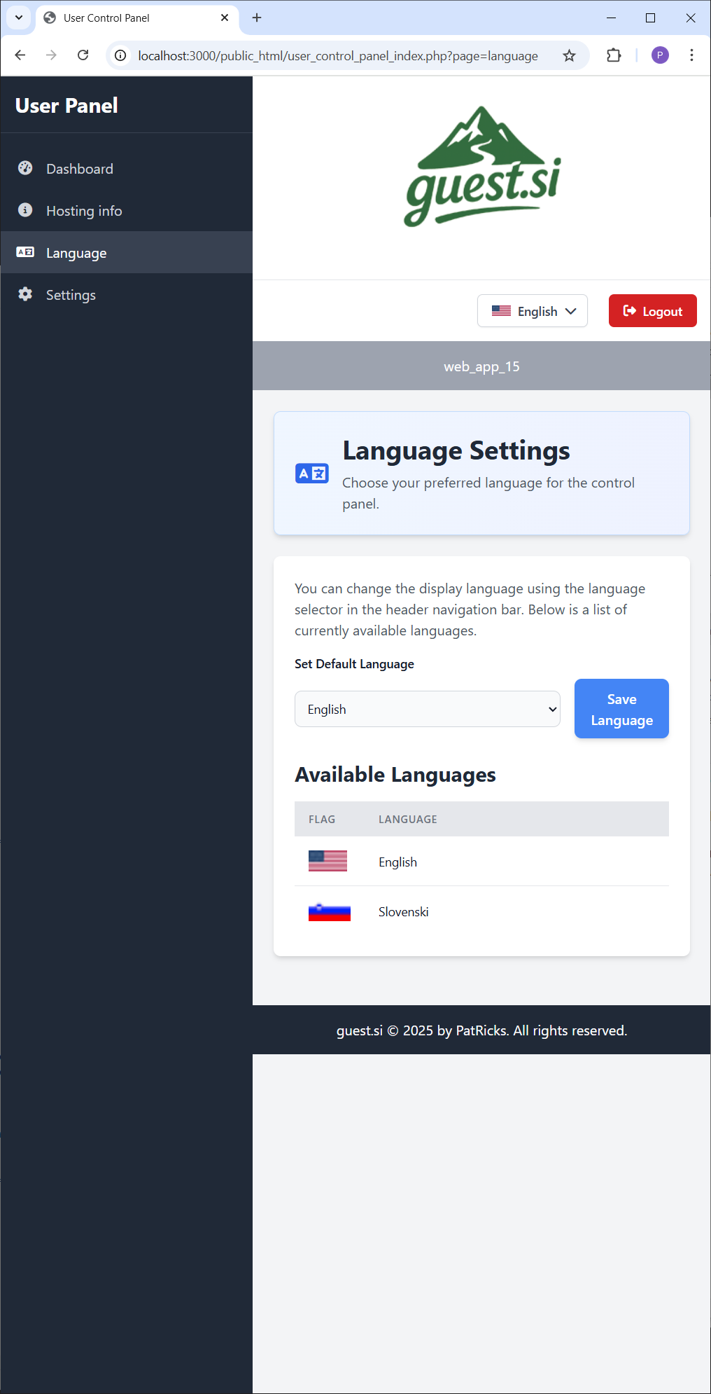 Posnetek strani z jezikovnimi nastavitvami.