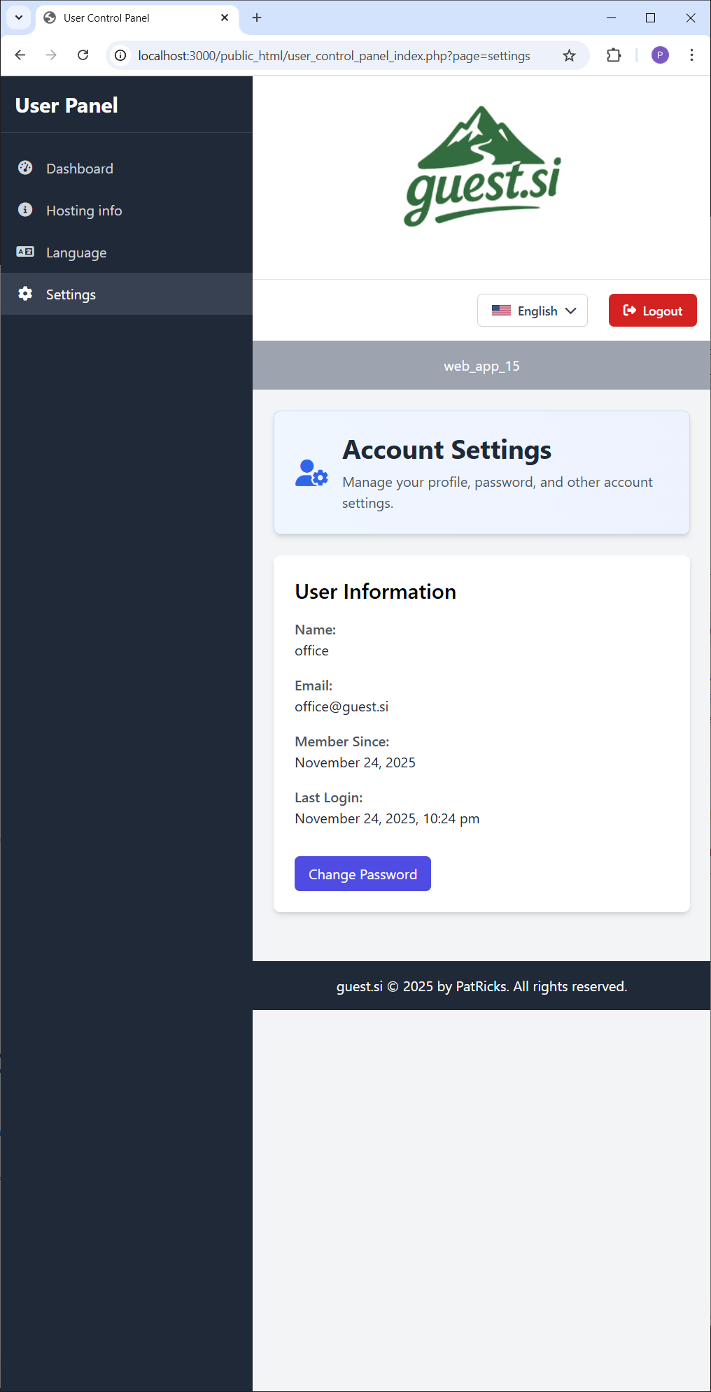 Posnetek strani z nastavitvami računa.