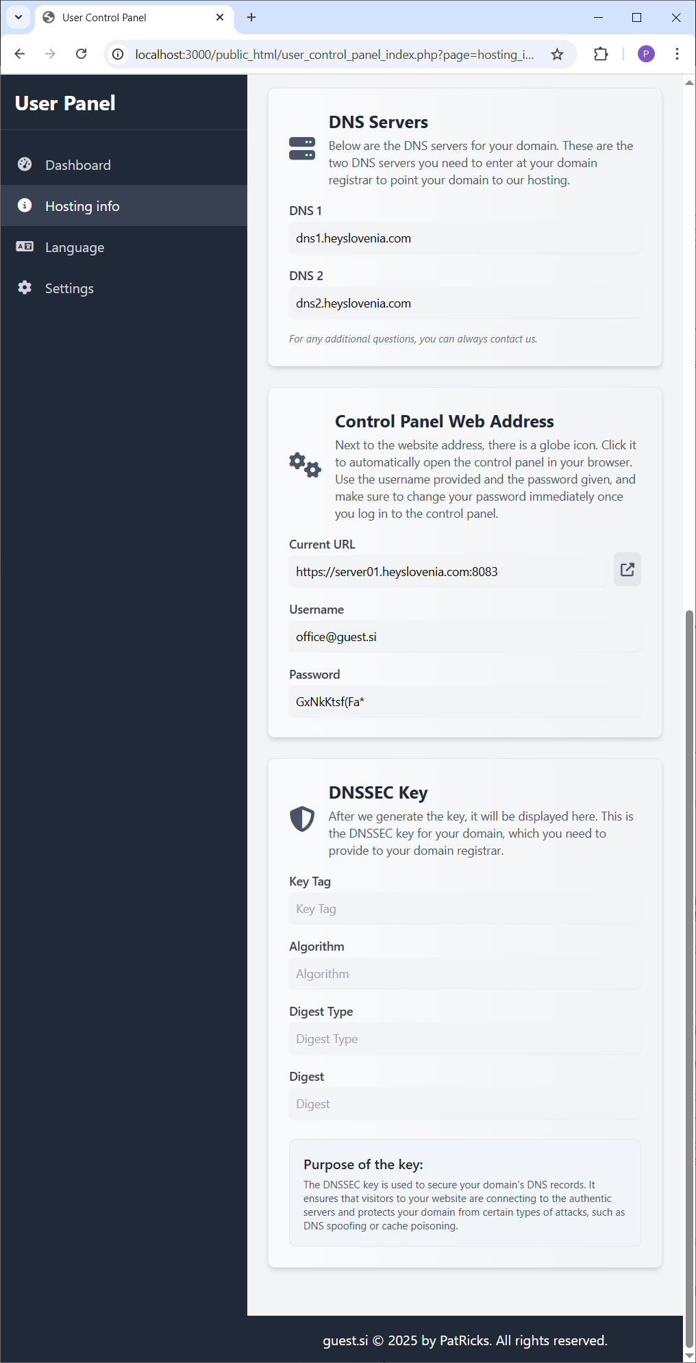 Posnetek razdelka s podatki o nadzorni plošči.