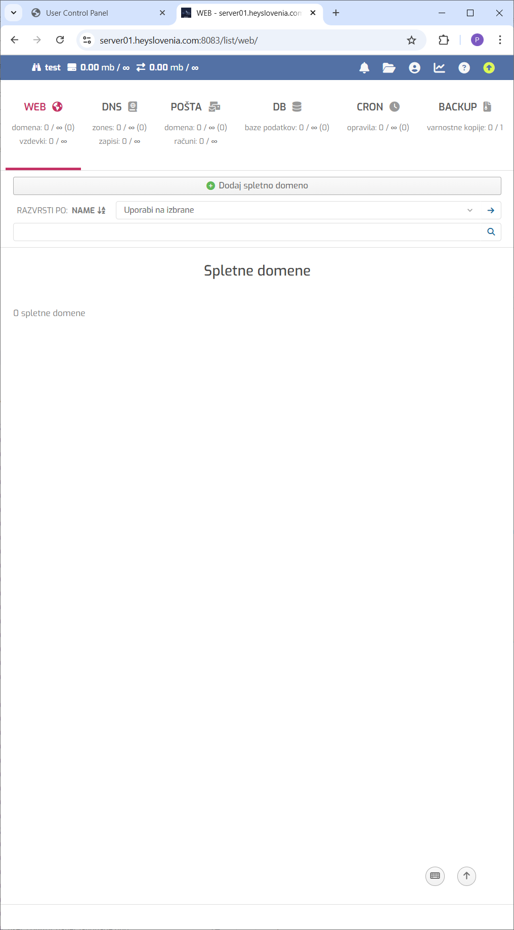 Posnetek nadzorne plošče, pripravljene za upravljanje domen.